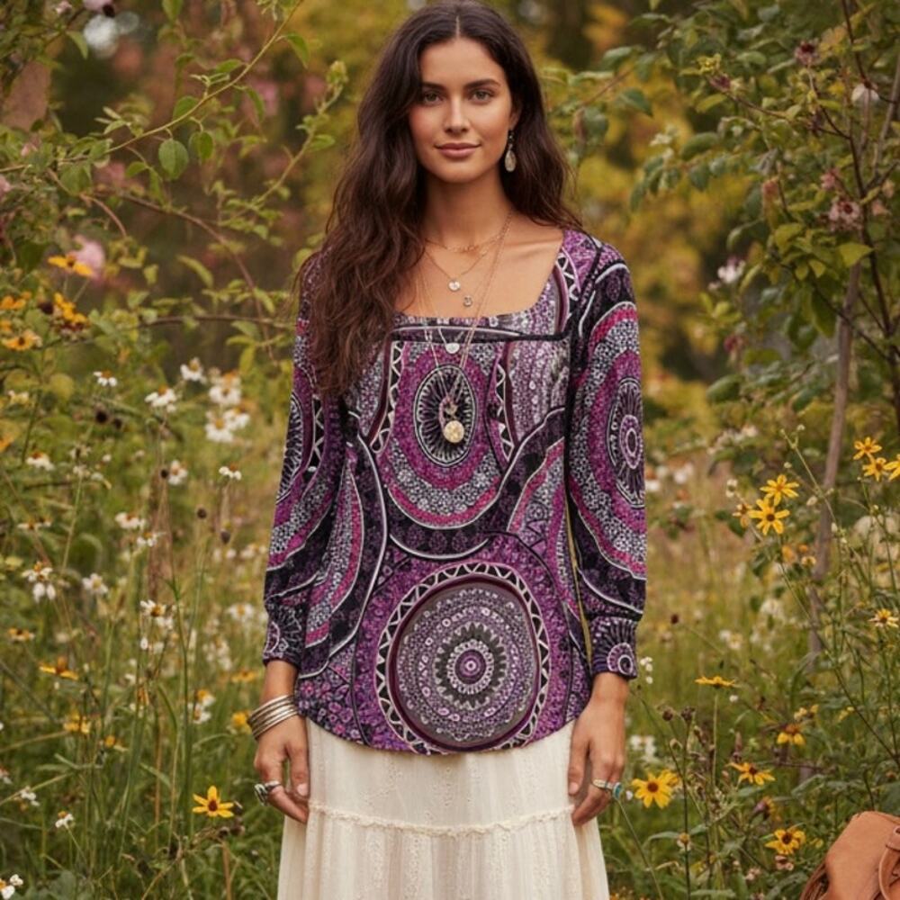 New Directions Mandala Print Stretch Blouse – Size Medium